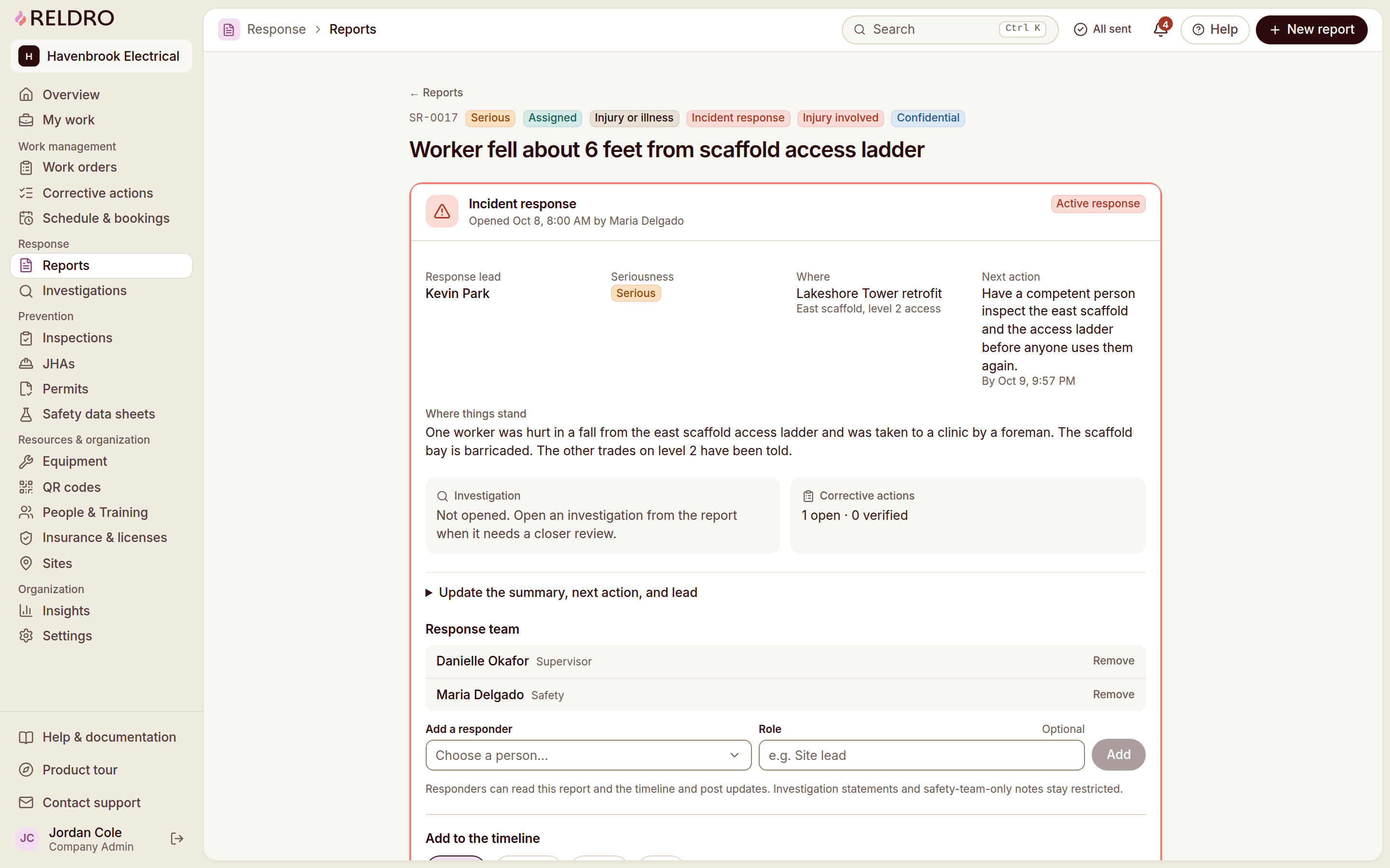 Reldro Report detail with an active incident response: lead, seriousness, next action, response team, timeline.
