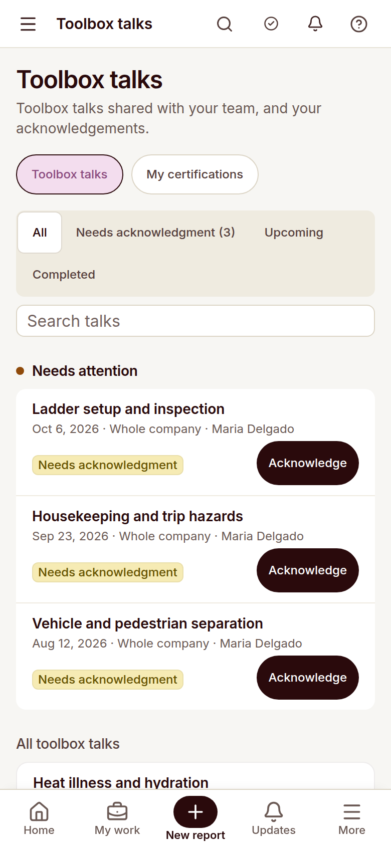 Reldro Toolbox talks to acknowledge.