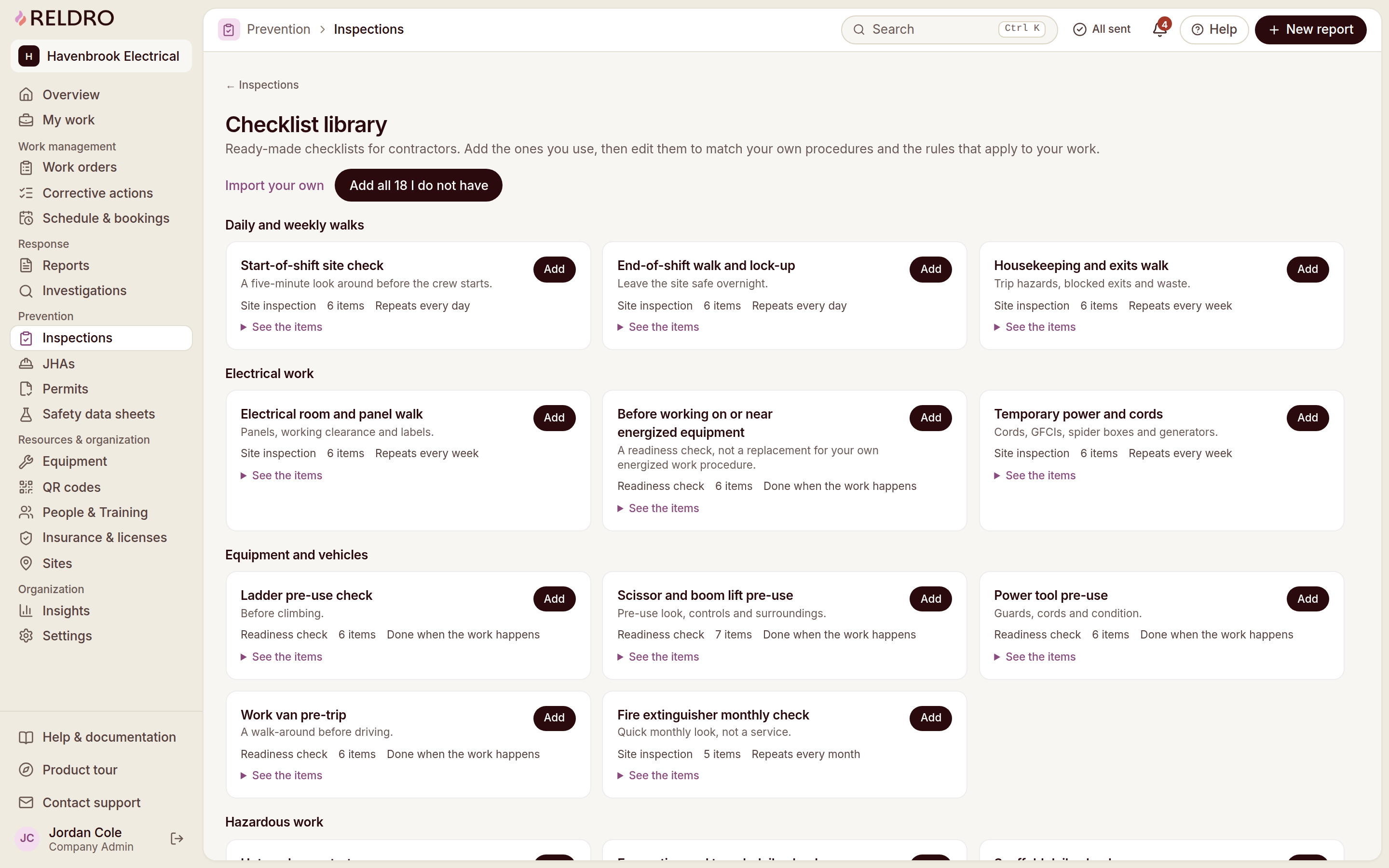 Reldro Checklist library: ready-made checklists by trade (electrical, equipment, hazardous work) to add and edit.