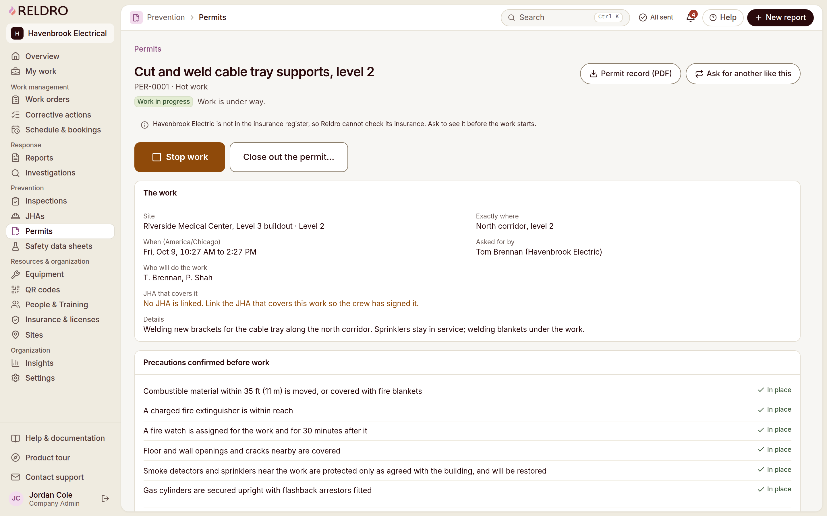 Reldro Permit detail: conditions, signatures, timeline, PDF record.