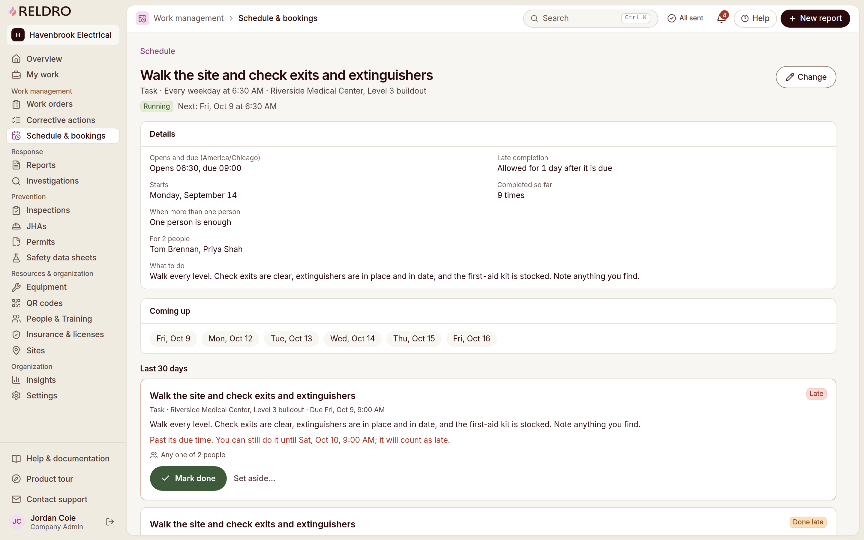 Reldro Schedule detail: repeat rule, who it is for, what to do, upcoming dates, last 30 days of runs (done, late, missed).