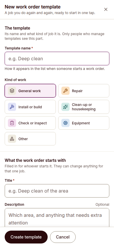 Reldro phone form for creating a work order template with a name, kind of work, title and description.