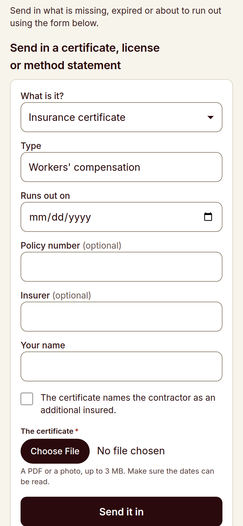 Reldro private subcontractor link showing required insurance and licenses with current and expired statuses.