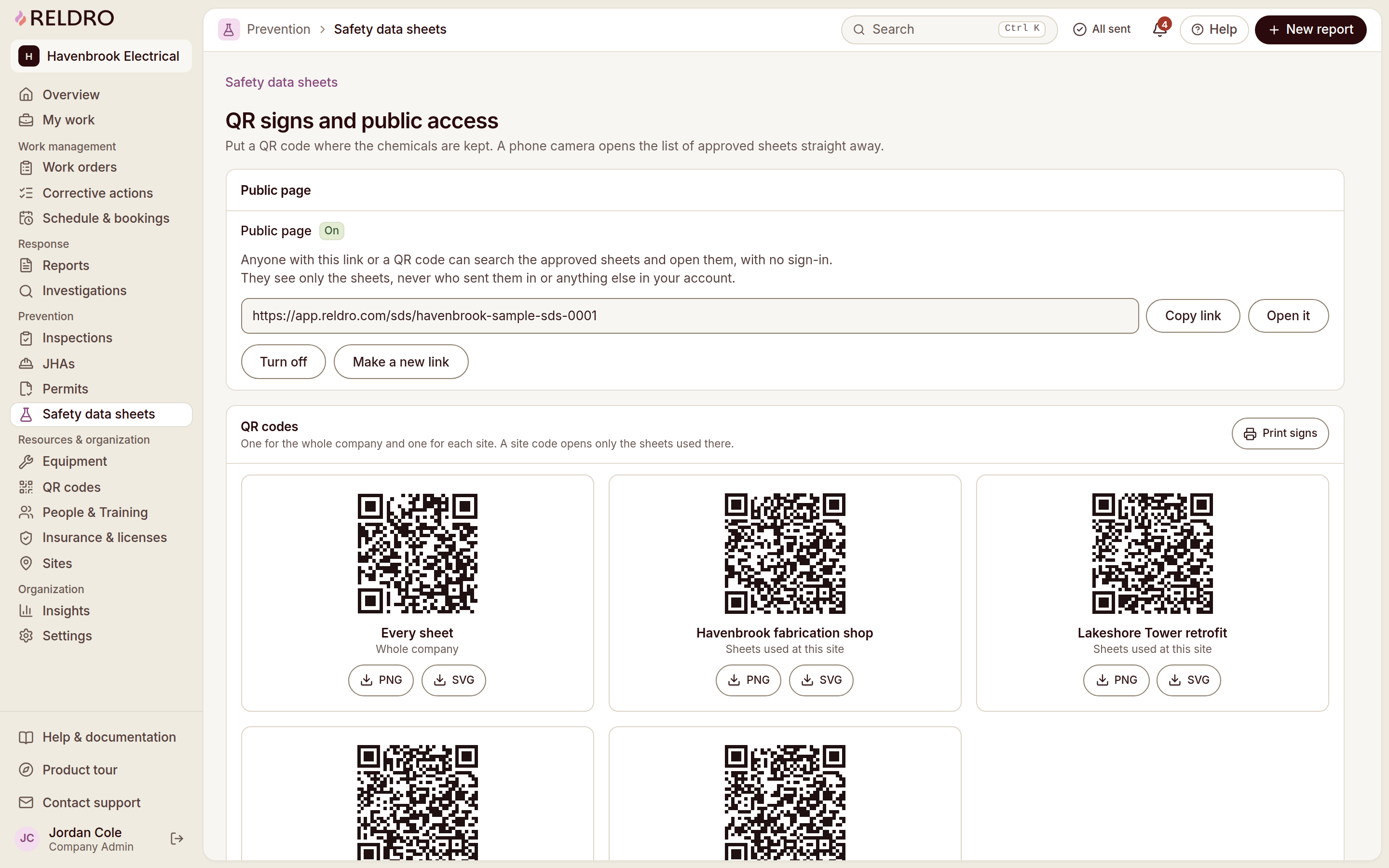 Reldro QR signs and public access: let workers open data sheets from a sign without an account.