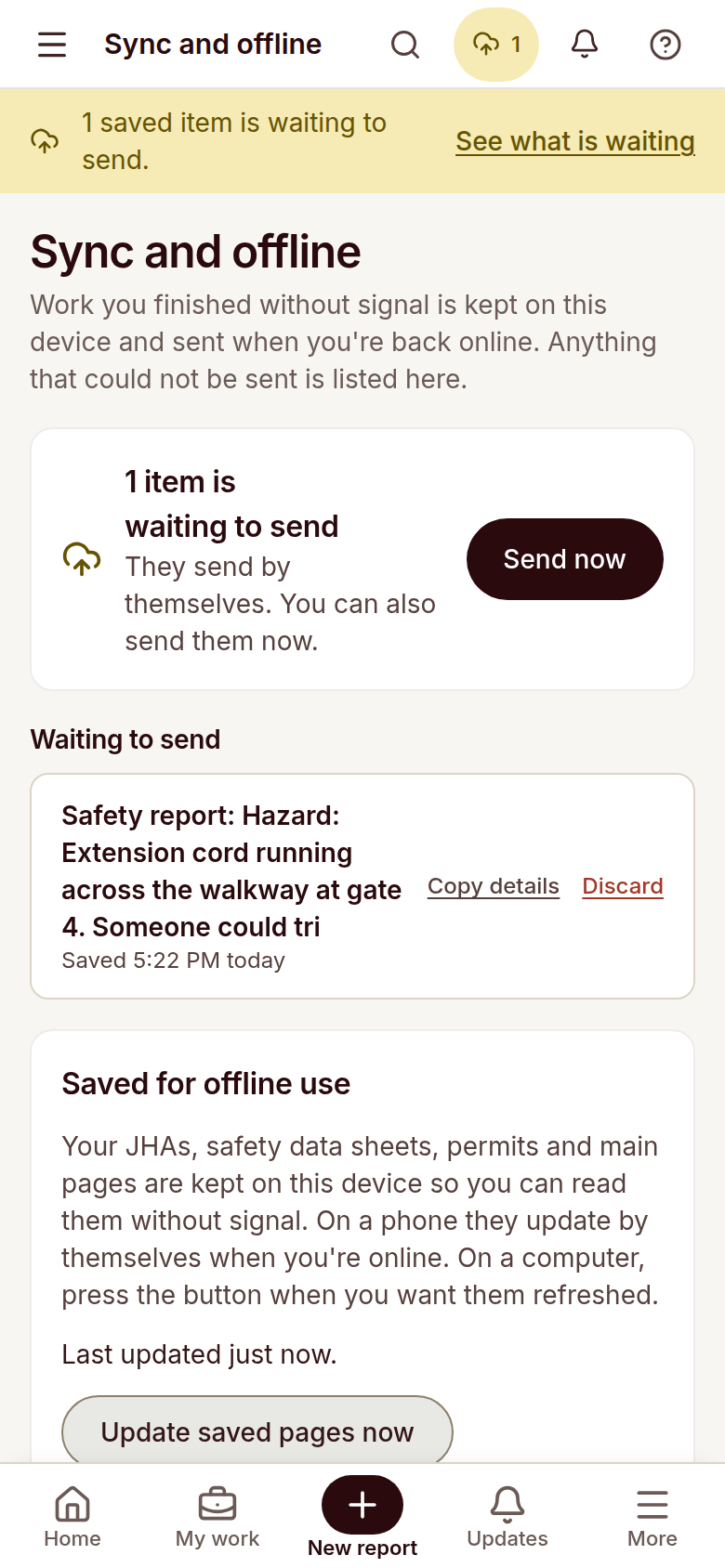 Reldro The outbox: ’1 item is waiting to send’ with Send now, Copy details and Discard. Items send by themselves when the signal returns.