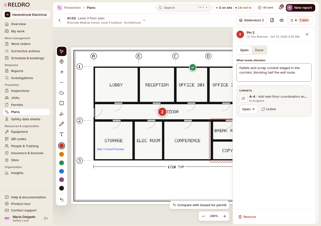 Reldro architectural floor plan with numbered issue pins, drawing markup tools, an addendum selector and a linked corrective action.