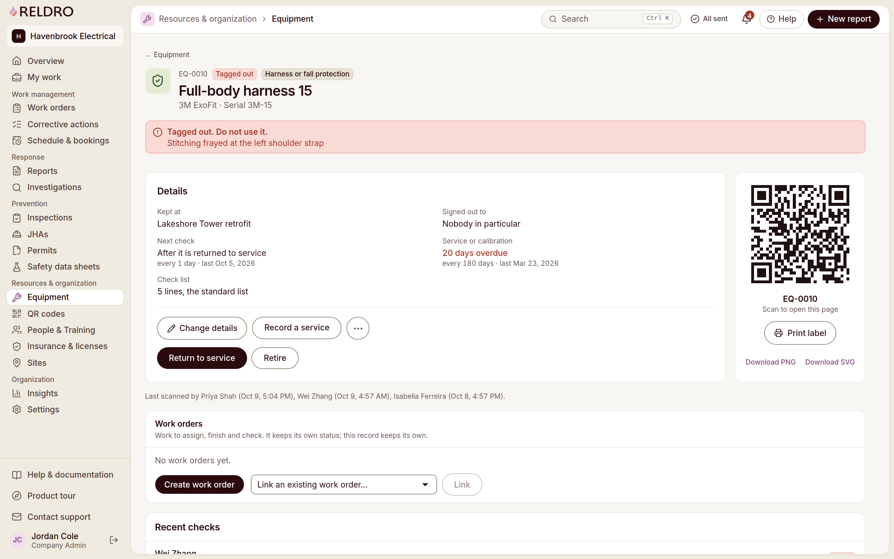 Reldro Equipment detail: tag-out banner, check history, QR label, service due, linked work orders.