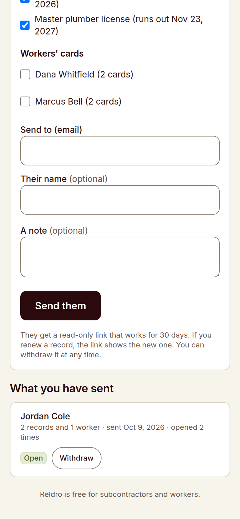 Reldro Send records to a company by email (choose records and workers, add a note), and the history of what was sent with Withdraw.