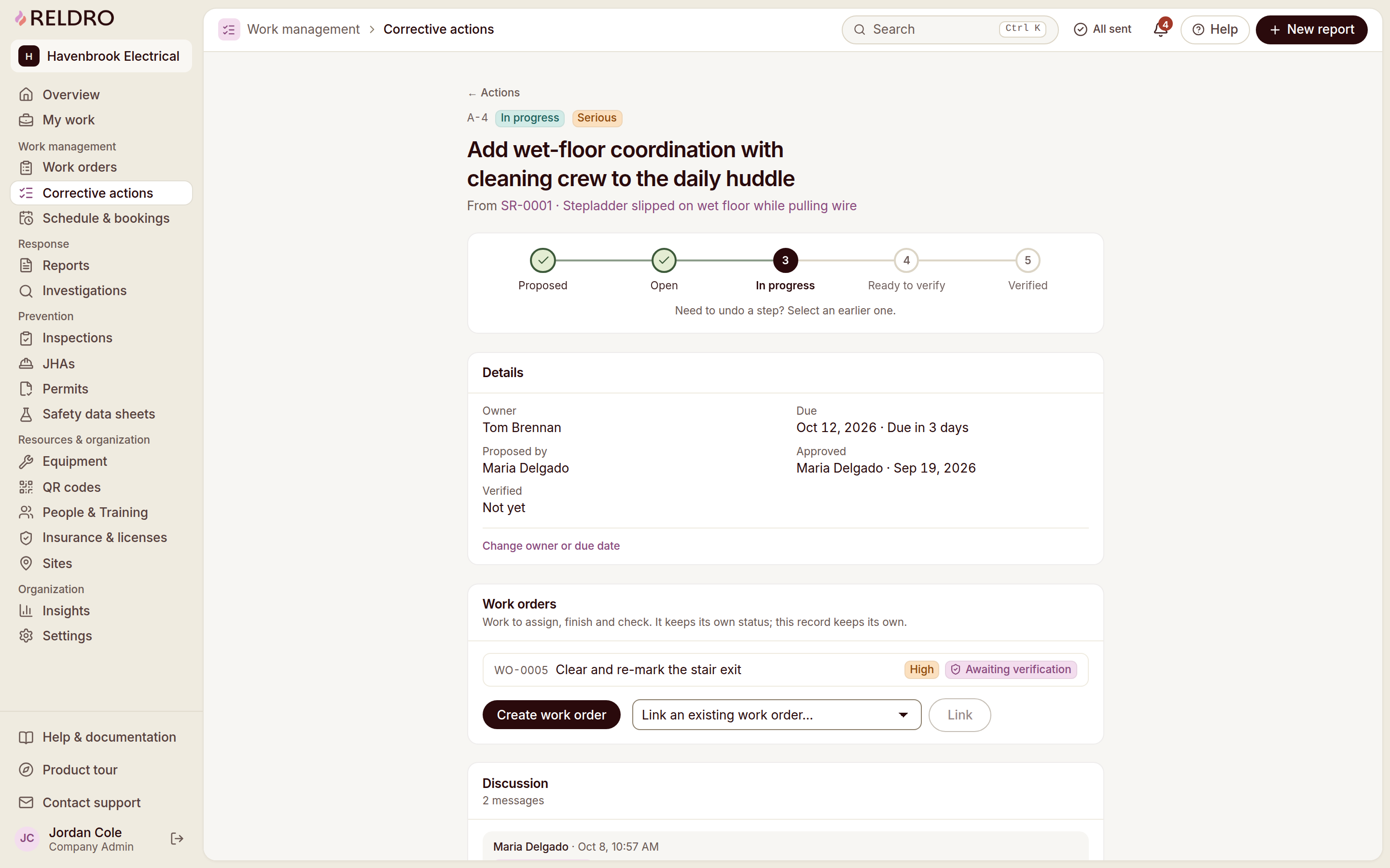 Reldro Corrective action detail: five-step stepper (Proposed, Open, In progress, Ready to verify, Verified), owner, due date, linked work orders, discussion.