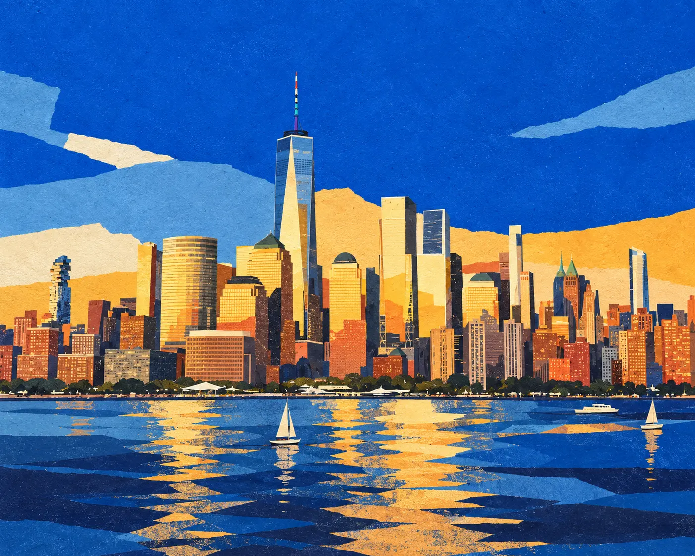 Lower Manhattan skyline at golden hour, seen across the water