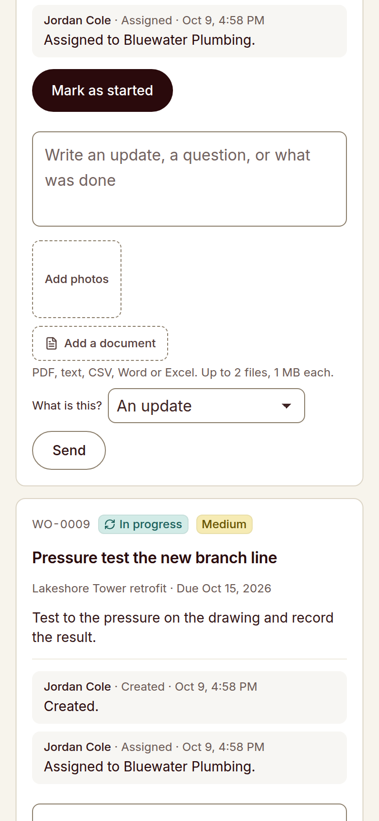 Reldro Contractor portal: post an update, add photos or documents, mark as started.