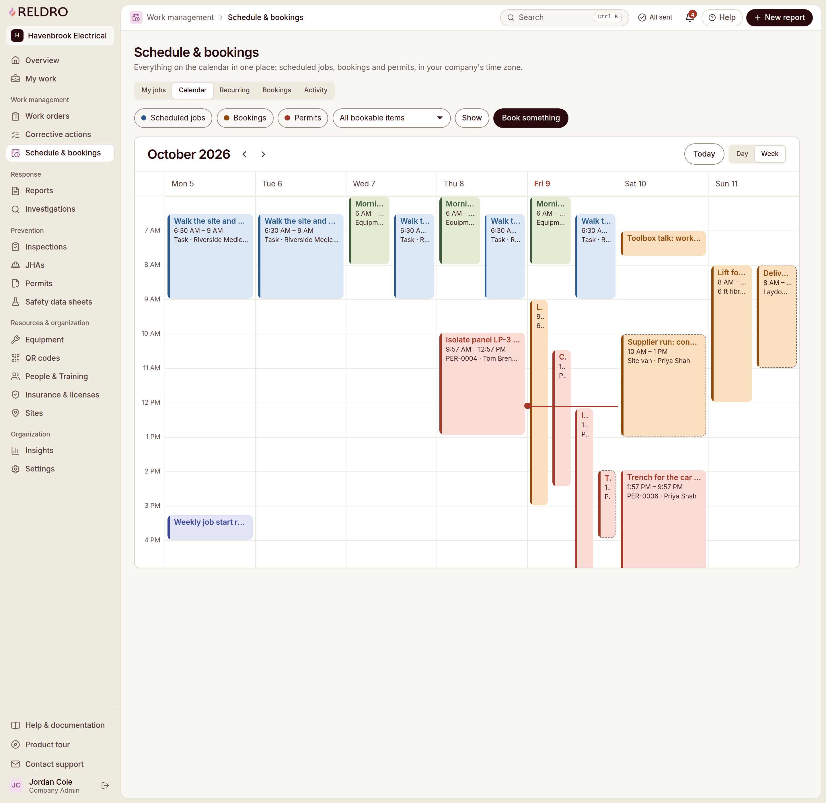 Reldro CALENDAR VIEW, week: scheduled jobs (blue), bookings (orange) and permits (red) on one calendar in the company time zone.