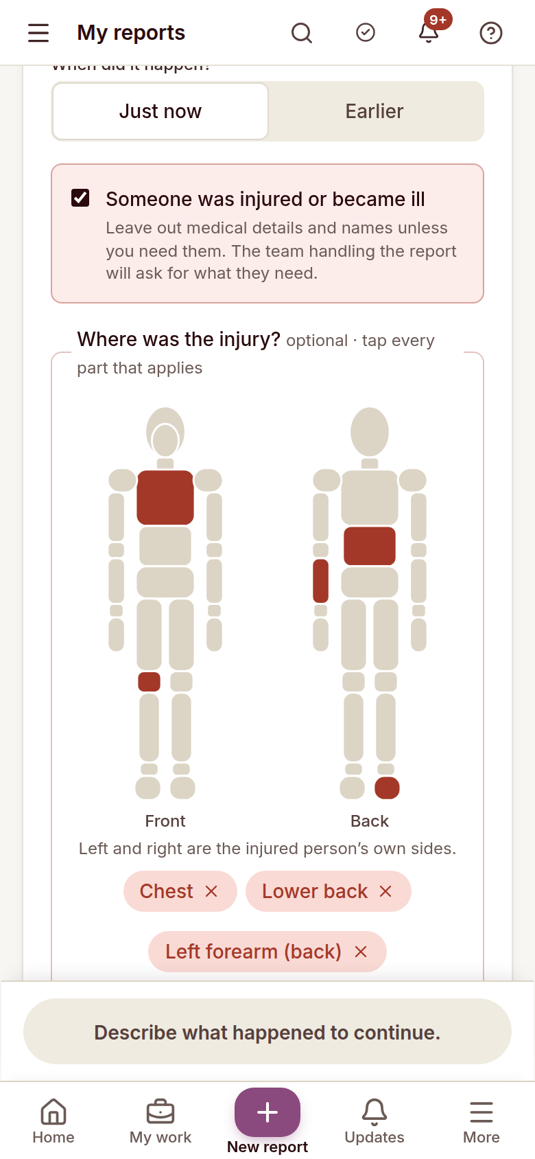 Reldro report form: marking where an injury occurred on a body map, with selected parts listed as chips.