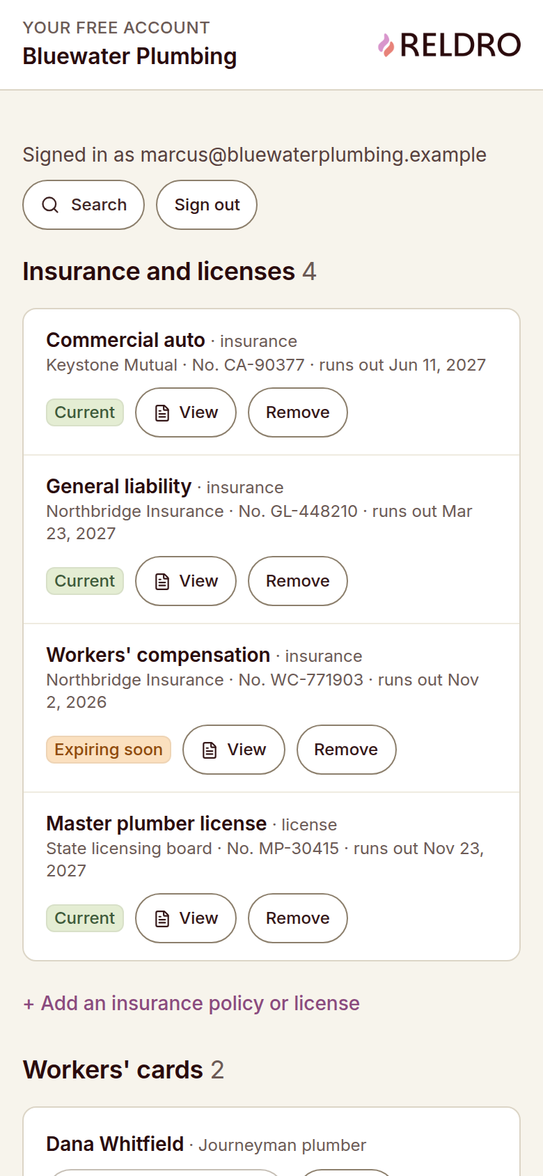 Reldro Signed-in free account: insurance and licenses with expiry state.