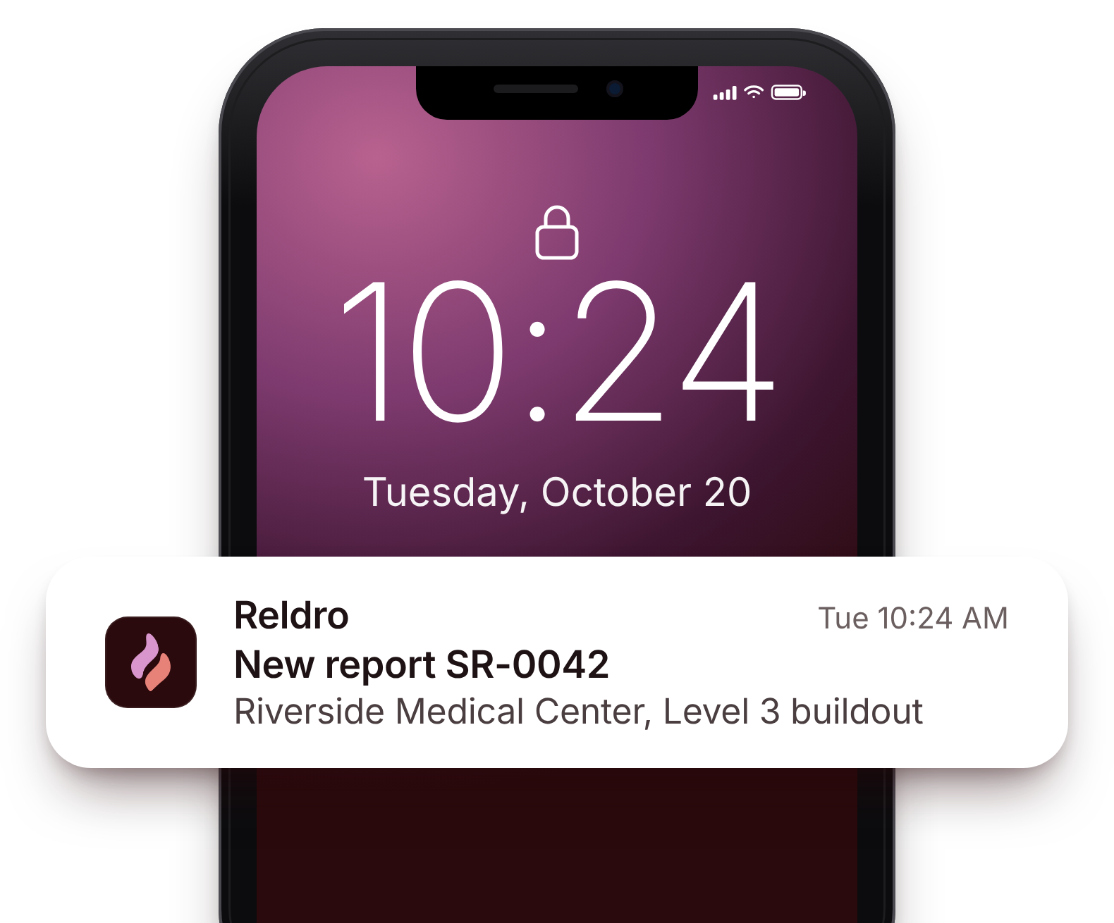 Reldro notification on a phone lock screen: a banner reading New report SR-0042 at Riverside Medical Center, Level 3 buildout, from Reldro.