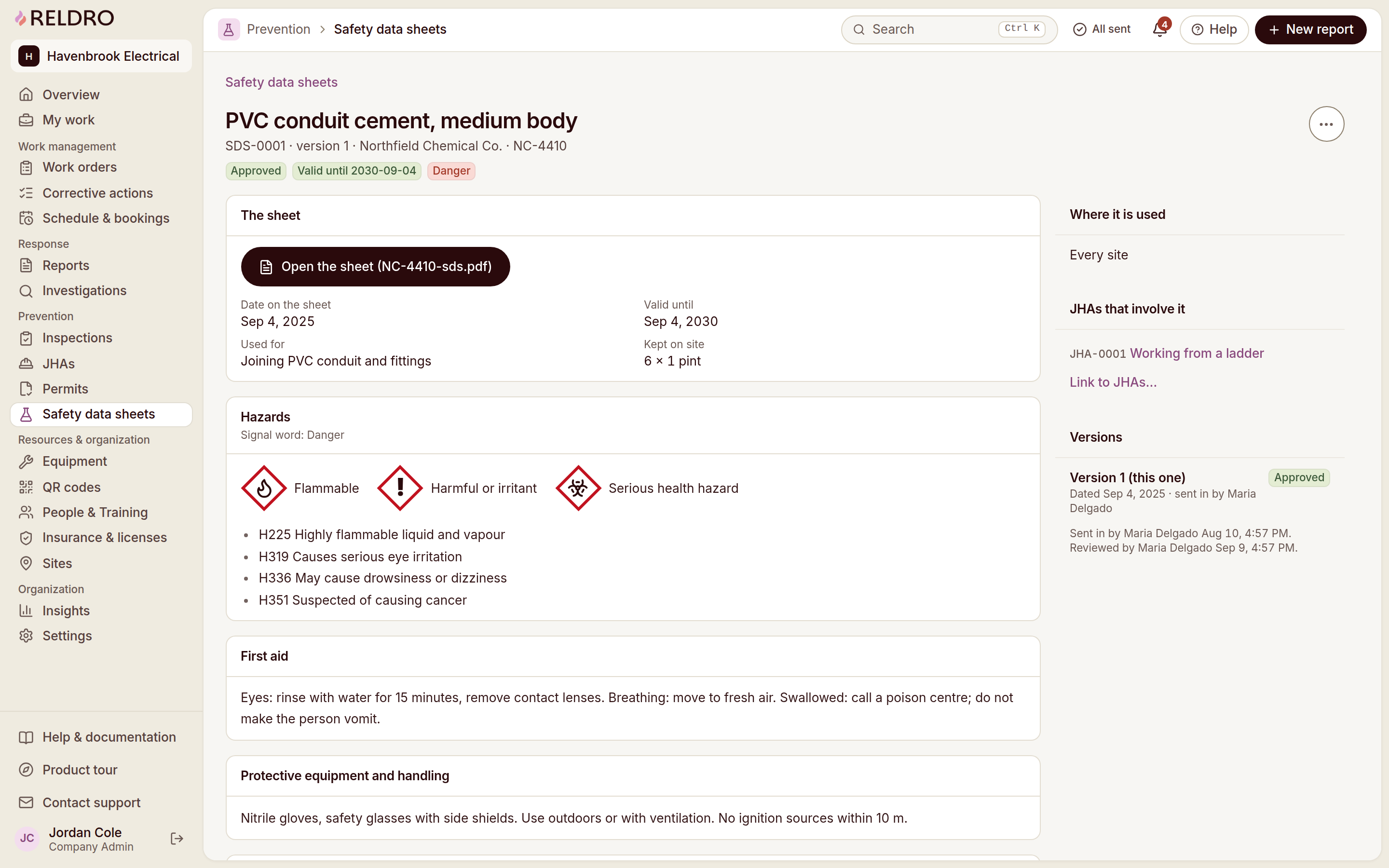 Reldro SDS detail: hazards, first aid, protective equipment, storage, versions, where it is used.