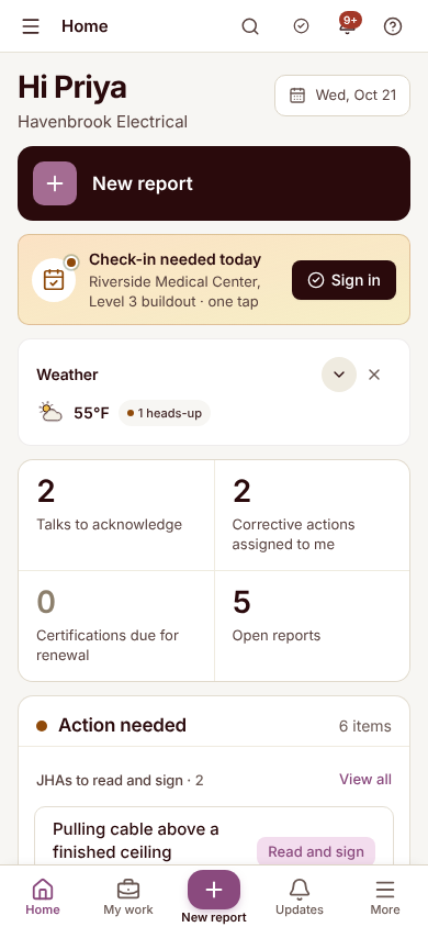 Reldro phone home for a worker: a New report button, a check-in prompt for today, weather, counts for talks to acknowledge, corrective actions, certifications and open reports, and JHAs to read and sign.