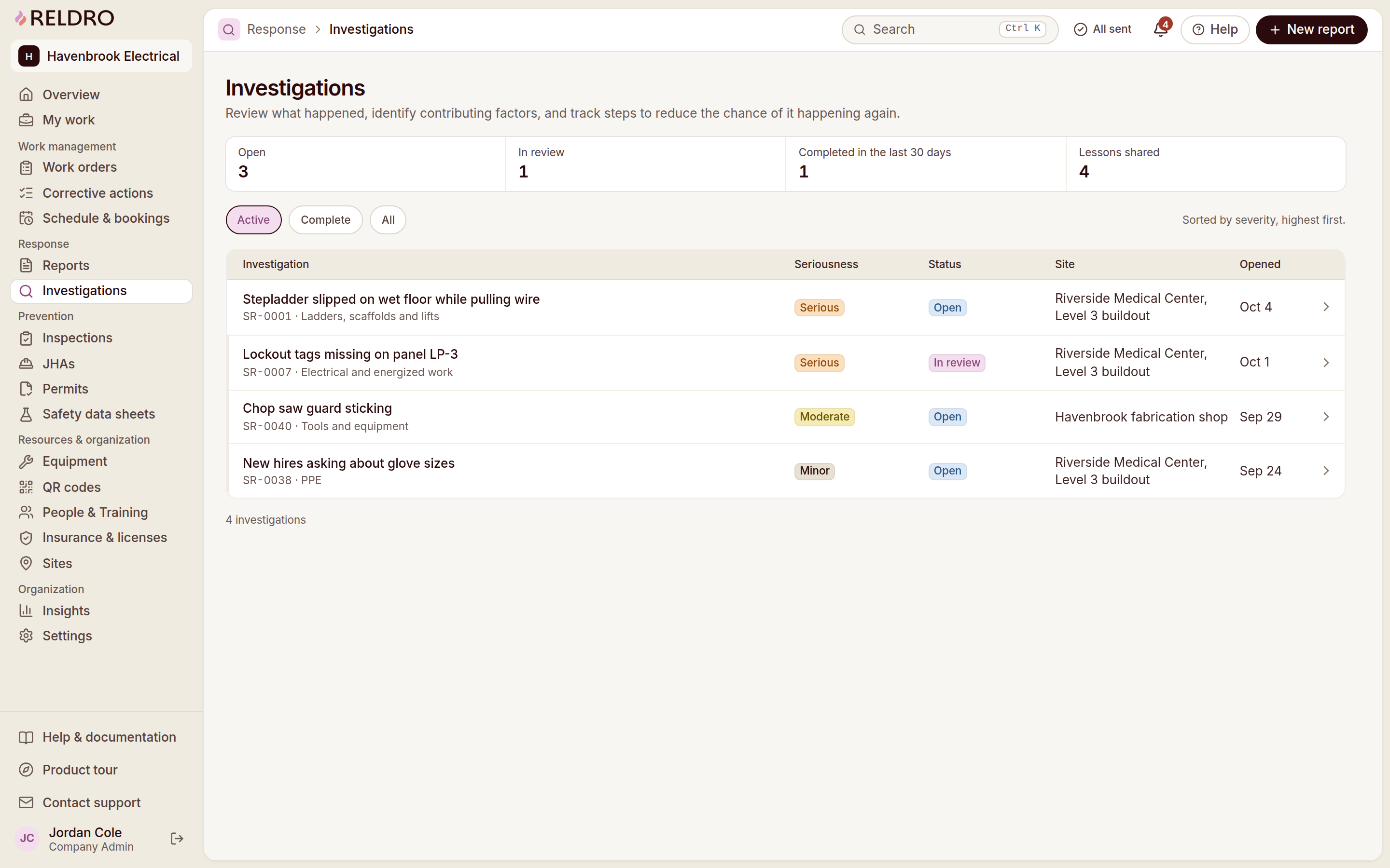 Reldro Investigations: open, in review, complete, lessons shared.