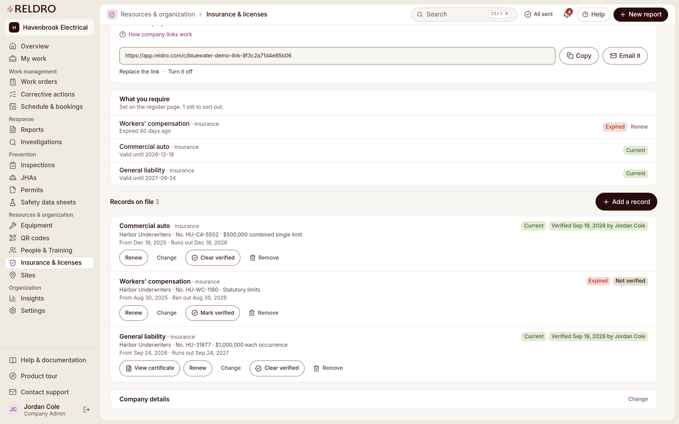 Reldro Subcontractor page, lower half: insurance and license records with verify and renew actions.