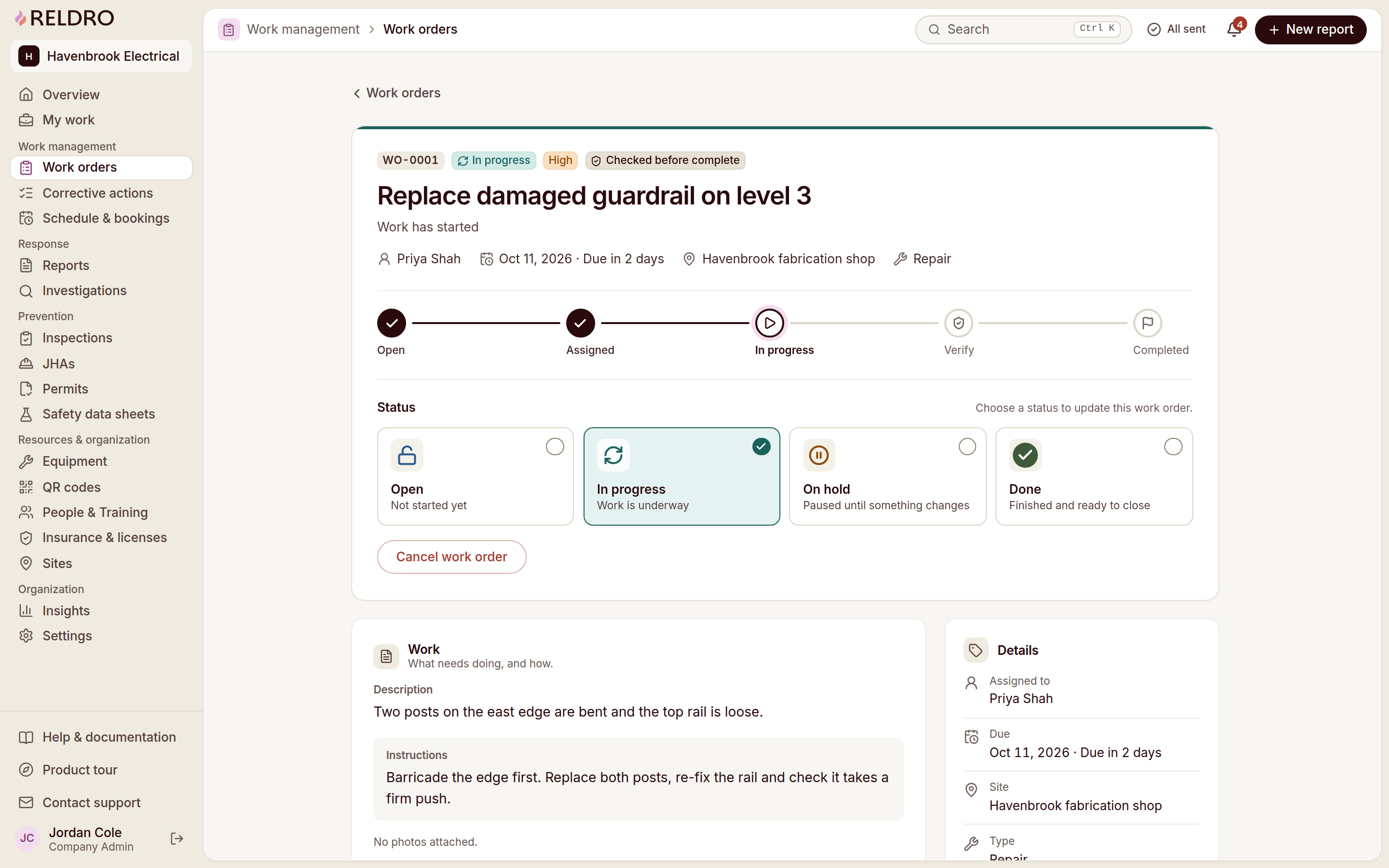 Reldro Work order detail: progress tracker (Open, Assigned, In progress, Verify, Completed) and the four-card status selector.